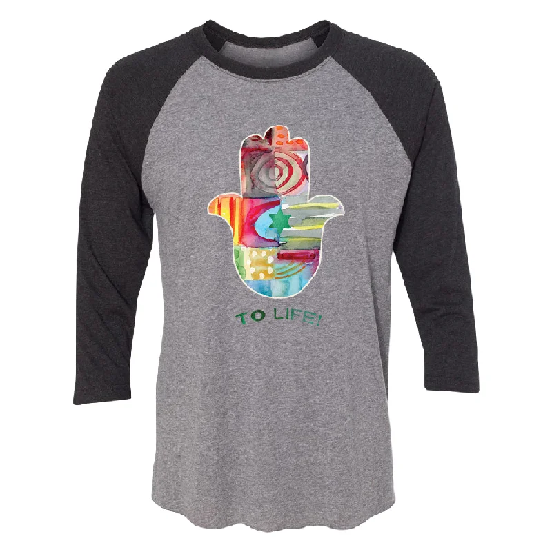 Zexpa Apparelâ„¢ To Life Hamsa Hand Colorful 3/4 Raglan Tee Anti-Pilling Machine Wash Handmade