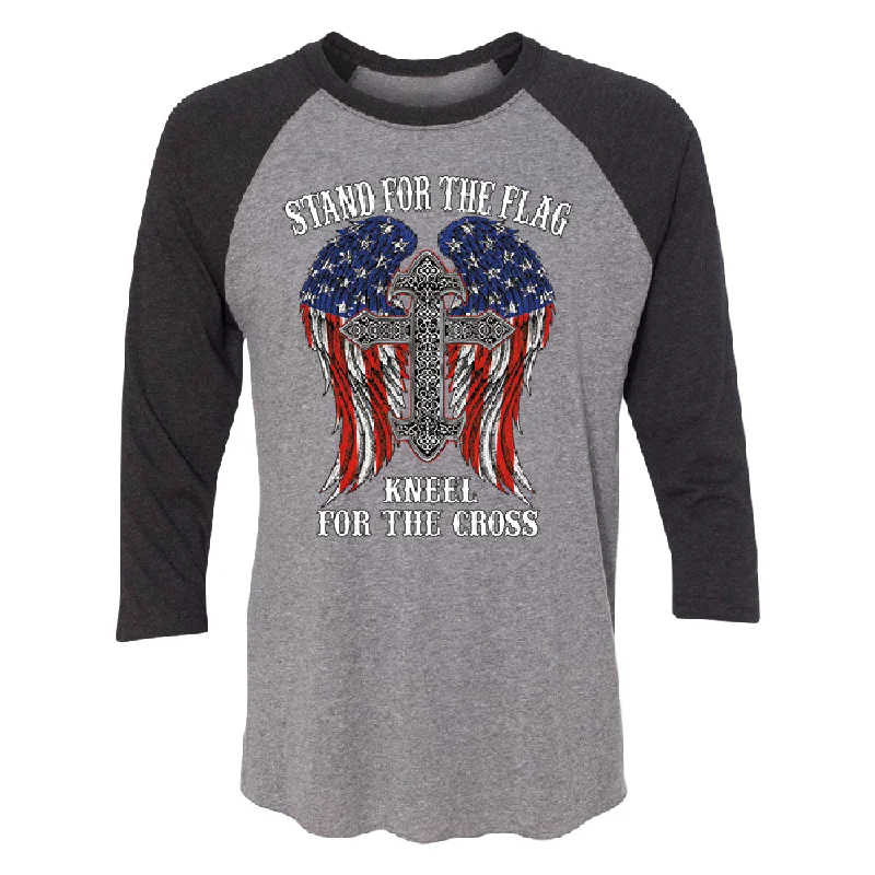 Zexpa Apparel™ Stand For The Flag Kneel For The Cross 3/4 Raglan Tee Thin T-Shirt Open Front Quick Dry