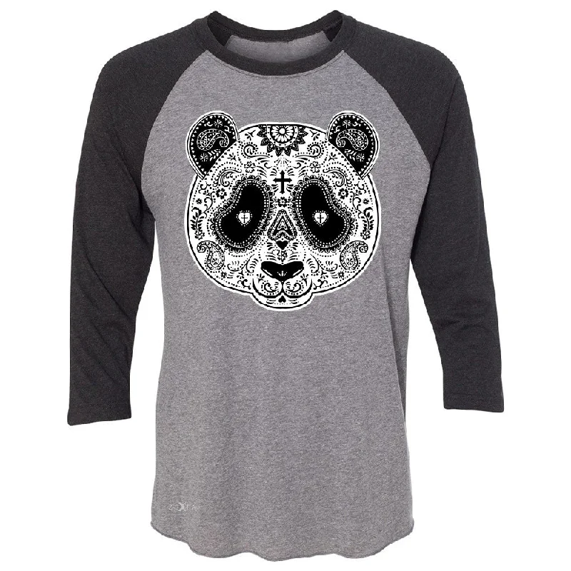 Zexpa Apparelâ„¢ Sugar Skull Panda 3/4 Sleevee Raglan Tee Day Of Dead Dia de Muertos Tee Sequined Glittery Shiny