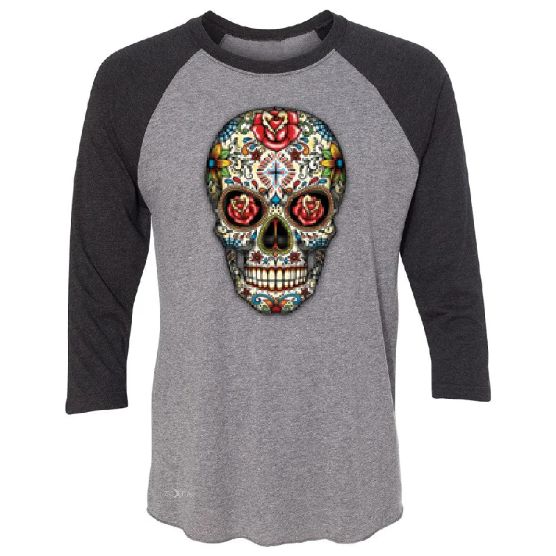 Zexpa Apparelâ„¢ Sugar Skull Red Roses 3/4 Sleevee Raglan Tee Day of Dead Dia de Muertos Tee Satin Fabric Silk Fabric Chiffon Fabric