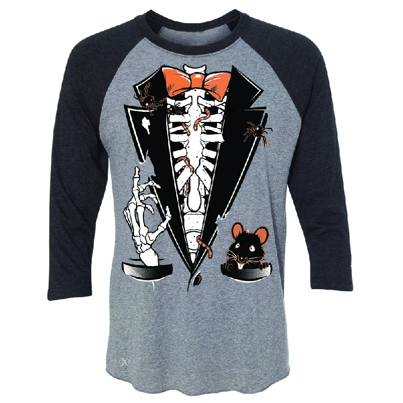 Zexpa Apparel™ Rib Cage Skeleton Tuxedo 3/4 Sleevee Raglan Tee Halloween Costume Tee V-Neck T-Shirt Long Sleeve Cotton