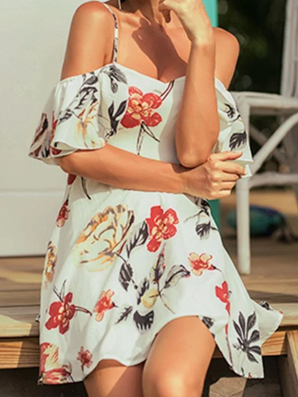 2018 New Sexy Floral Print Spaghetti Strap Mini Dress Trendy Button-Detail Mini Dress