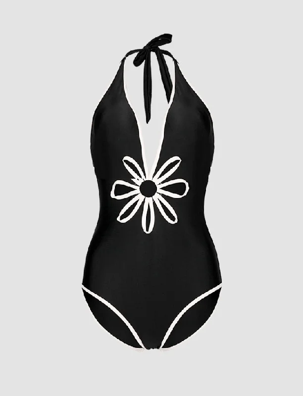 Black Floral One Piece Cutout Swimwear Mesh Detail Bikini