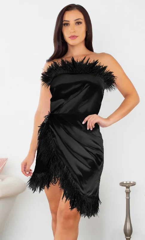 Casting Call Black Satin Feather Trim Strapless Cross Wrap Bodycon Mini Dress - 3 Colors Available Elegant Vintage Mini Dress