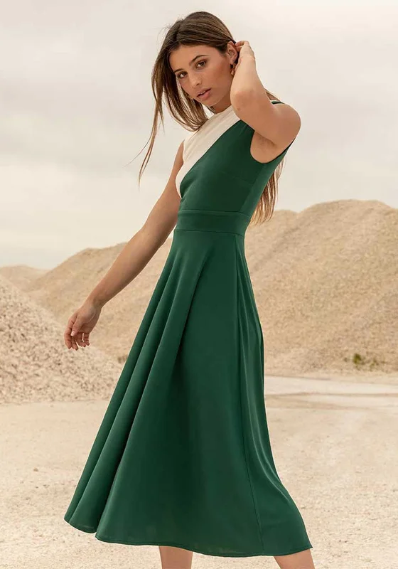 Cayro Colour Block Midi Dress, Green & White Trendy Midi Dress with Belt