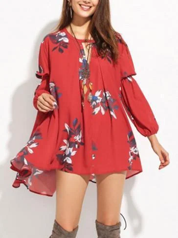 Chiffon Bohemia Floral Puff Sleeves V-neck Mini Dress Classic Striped Mini Dress