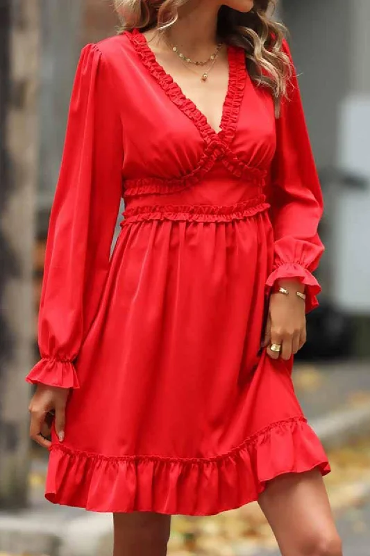 V NECK FRILL FLARE MIDI DRESS Stylish Midi Dress with Cuffs