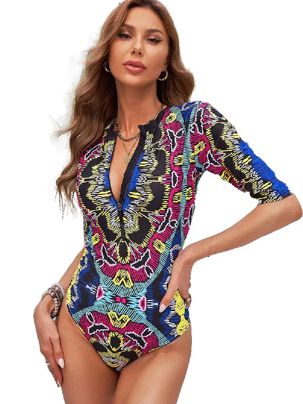 Ethnic-Inspired Swimsuit with Half Sleeves Fun Pattern Swimsuit