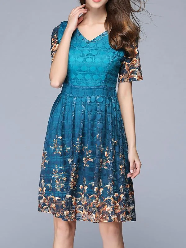 Exquisite Floral-Print Waisted Short Sleeve V Neck Mini Dress Fashionable Pleated Mini Dress