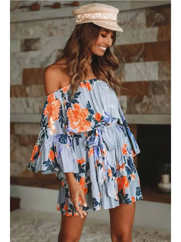 Flared Sleeve Floral Off Shoulder Backless Mini Dress Elegant Lace-Up Mini Dress