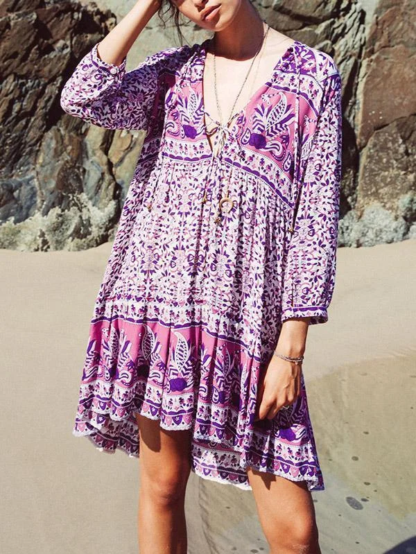 Floral Printed V-neck Bohemia Mini Dress Comfortable Smocked Mini Dress