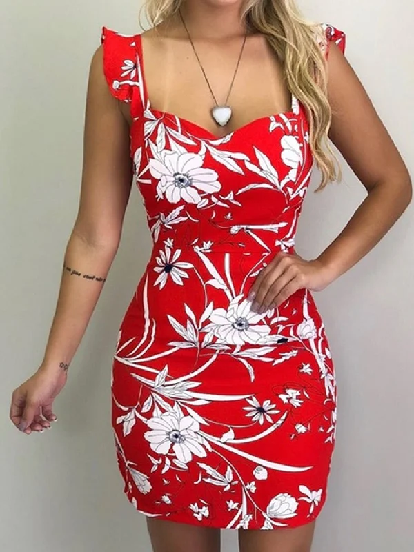 Floral Ruffle Hem Straped Slim Mini Dress Chic Sleeveless Mini Dress