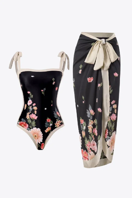 Floral Tie-Shoulder Two-Piece Swim Set Swimsuit with Skirt