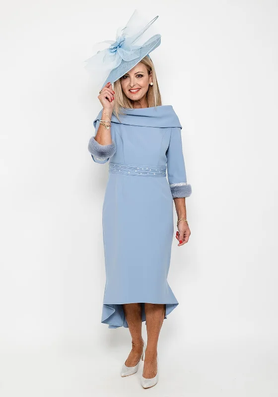 Gabriela Sanchez Detailed Fishtail Midi Dress, Dusty Blue Elegant Maxi-Midi Hybrid Dress Gabriela Sanchez Detailed Fishtail Midi Dress, Dusty Blue Elegant Maxi-Midi Hybrid Dress