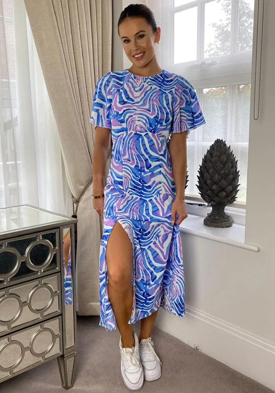 Girl in Mind Britney Angel Sleeve Midi Dress, Blue Multi Trendy Mock Neck Midi Dress Girl in Mind Britney Angel Sleeve Midi Dress, Blue Multi Trendy Mock Neck Midi Dress