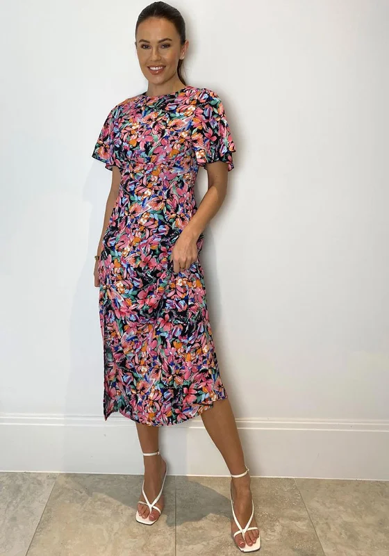 Girl In Mind Britney Floral Print Split Leg Midi Dress, Pink Multi Stylish Off-Shoulder Ruffle Dress Girl In Mind Britney Floral Print Split Leg Midi Dress, Pink Multi Stylish Off-Shoulder Ruffle Dress