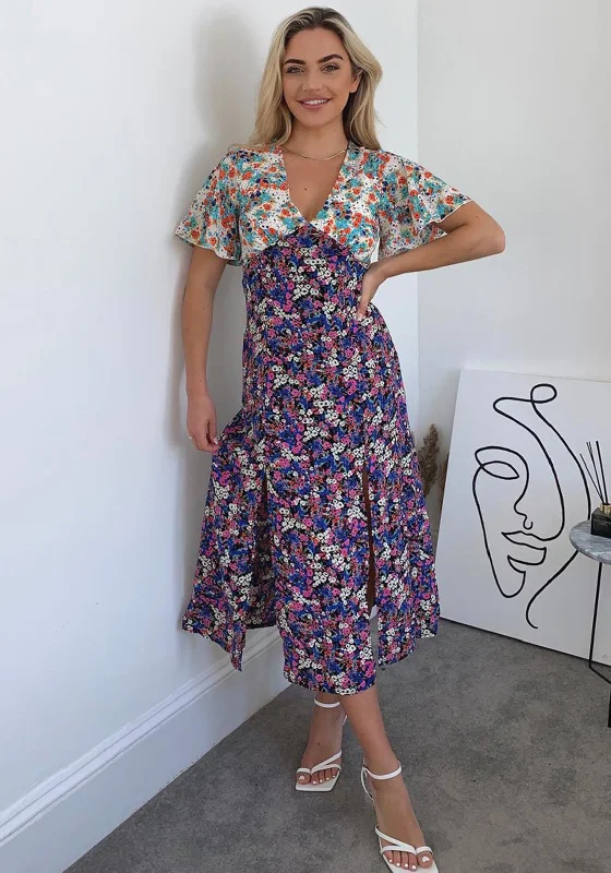 Girl in Mind Levi Angel Double Split Leg Midi Dress, Purple Multi Comfortable Floral Print Midi Dress Girl in Mind Levi Angel Double Split Leg Midi Dress, Purple Multi Comfortable Floral Print Midi Dress