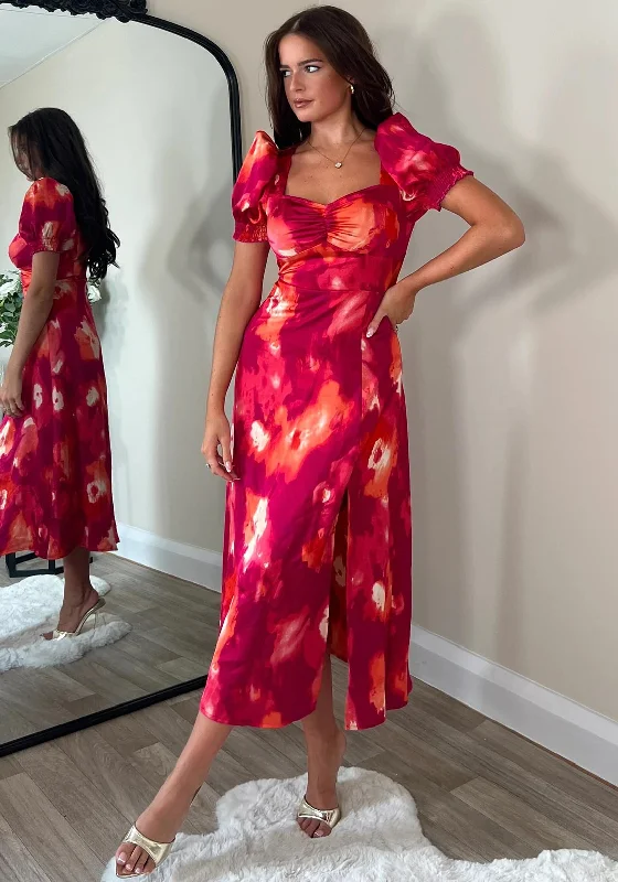 Girl in Mind Lillian Sweetheart Midi Dress, Pink Multi Elegant Puff Sleeve Midi Dress Girl in Mind Lillian Sweetheart Midi Dress, Pink Multi Elegant Puff Sleeve Midi Dress