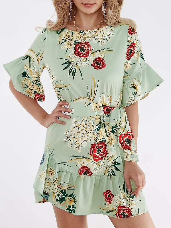 Green Random Floral Print Mini Dress With Half Flared Sleeves Fashionable Summer Mini Dress