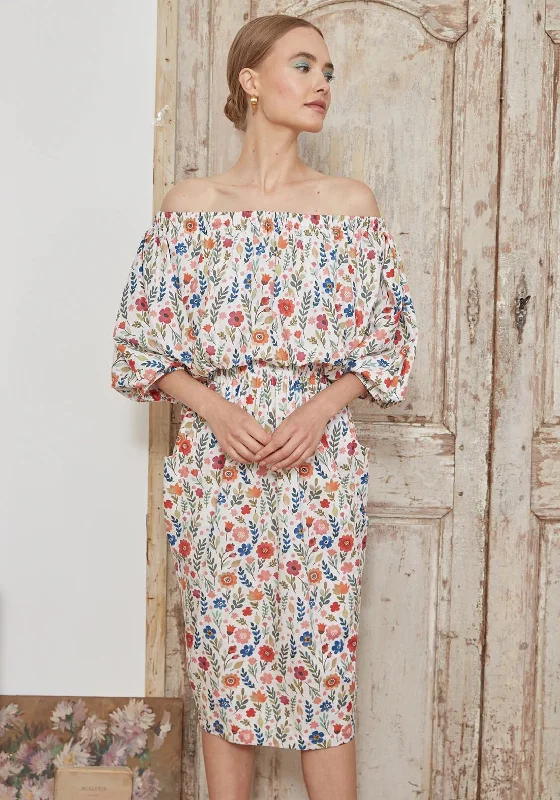 Jovonna Wildflower Off the Shoulder Midi Dress, Multi Stylish Button-Down Midi Dress Jovonna Wildflower Off the Shoulder Midi Dress, Multi Stylish Button-Down Midi Dress