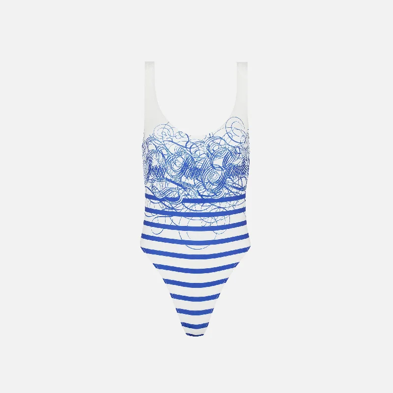 Jean Paul Gaultier Marinière Calligraphe Printed Jersey Swimsuit - White / Navy Classic Sporty Swimsuit