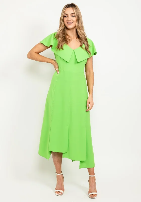 Kameya Button Back Folded Neck Midi Dress, Green Comfortable Casual Midi Dress