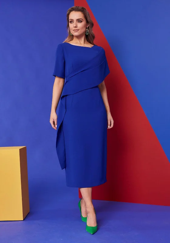 Kate Cooper Draped Shoulder Midi Dress, Royal Blue Fashionable Off-Shoulder Dress Midi Kate Cooper Draped Shoulder Midi Dress, Royal Blue Fashionable Off-Shoulder Dress Midi