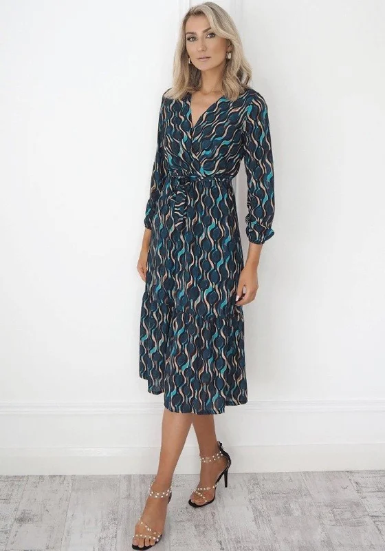 Kate & Pippa Abstract Pattern Print Wrap Midi Dress, Teal Multi Stylish Silk Midi Dress Kate & Pippa Abstract Pattern Print Wrap Midi Dress, Teal Multi Stylish Silk Midi Dress