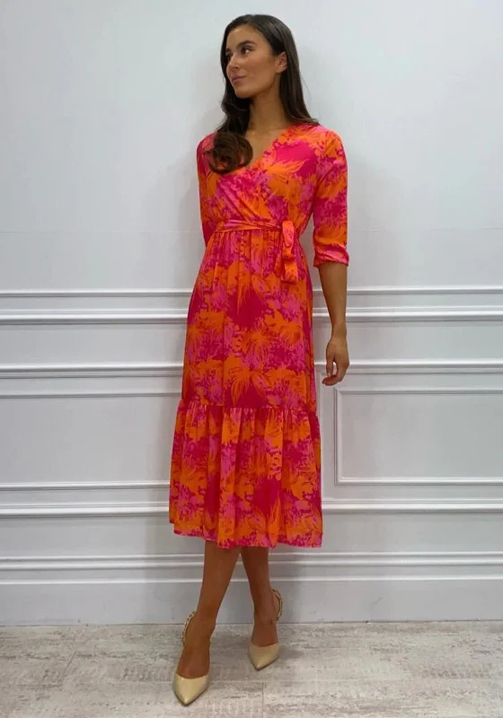 Kate & Pippa Boho Panel End Printed Midi Dress, Pink & Orange Comfortable Short Sleeve Midi Dress Kate & Pippa Boho Panel End Printed Midi Dress, Pink & Orange Comfortable Short Sleeve Midi Dress