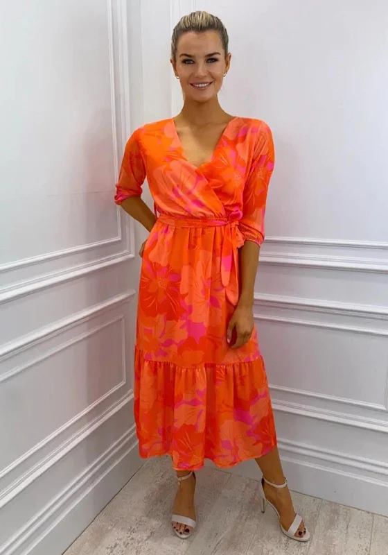 Kate & Pippa Boho Tropical Print Midi Dress, Orange & Pink Comfortable Empire Waist Midi Dress Kate & Pippa Boho Tropical Print Midi Dress, Orange & Pink Comfortable Empire Waist Midi Dress