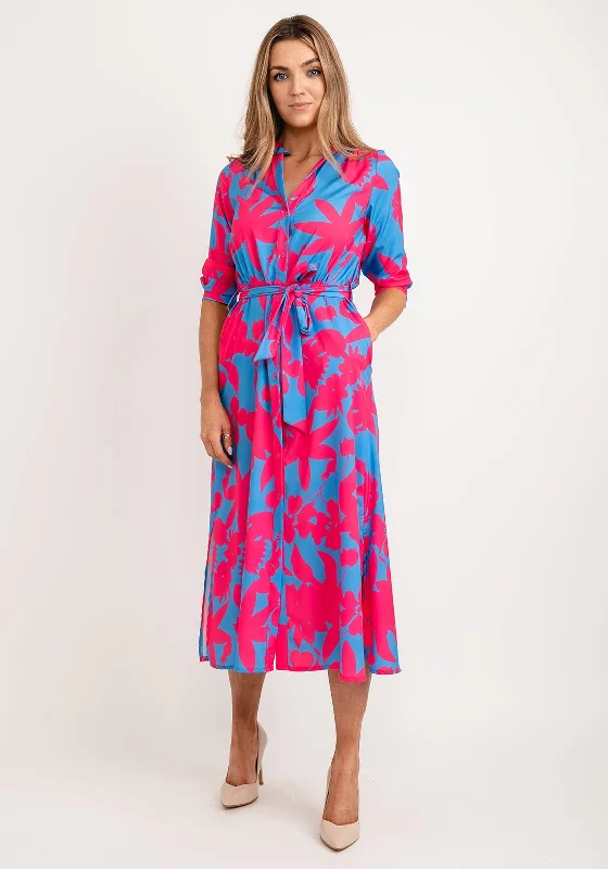 Kate & Pippa Capri Leaf Print Midi Dress, Blue & Pink Stylish Midi Dress with Cuffs