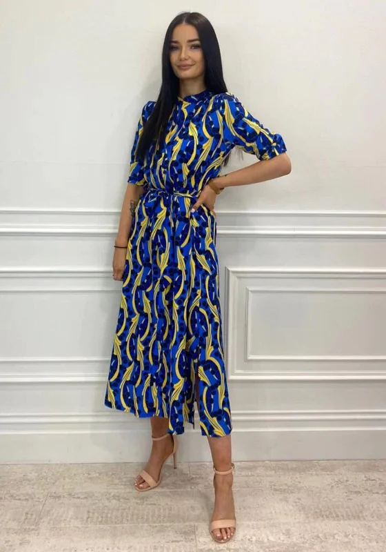 Kate & Pippa Capri Swirl & Dot Print Midi Dress, Blue & Yellow Fashionable High-Neck Midi Dress Kate & Pippa Capri Swirl & Dot Print Midi Dress, Blue & Yellow Fashionable High-Neck Midi Dress