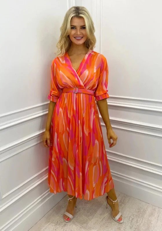 Kate & Pippa Positano Print Midi Dress, Orange & Pink Comfortable Fit-and-Flare Midi Dress Kate & Pippa Positano Print Midi Dress, Orange & Pink Comfortable Fit-and-Flare Midi Dress