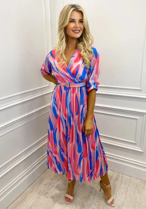 Kate & Pippa Positano Print Midi Dress, Pink & White Multi Stylish Midi Dress with Cuffs Kate & Pippa Positano Print Midi Dress, Pink & White Multi Stylish Midi Dress with Cuffs