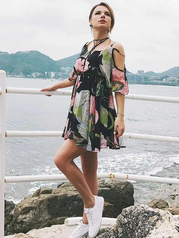 Lace Floral Printed Short Sleeve Mini Dress Trendy Bodycon Mini Dress