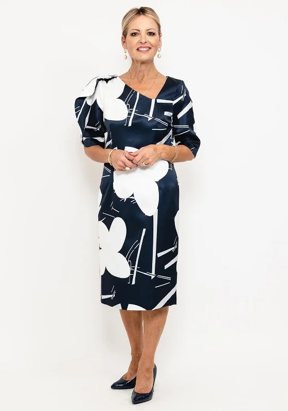 Lizabella Asymmetrical Neck Midi Dress, Navy & White Trendy Fit-and-Flare Midi Dress Lizabella Asymmetrical Neck Midi Dress, Navy & White Trendy Fit-and-Flare Midi Dress