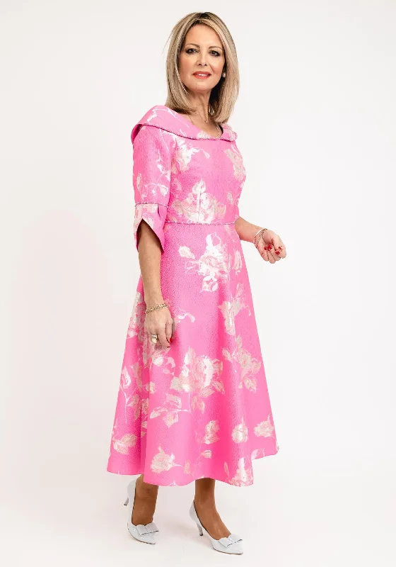 Lizabella Collared Neckline Textured Floral Midi Dress, Hot Pink Comfortable Fit-and-Flare Midi Dress Lizabella Collared Neckline Textured Floral Midi Dress, Hot Pink Comfortable Fit-and-Flare Midi Dress