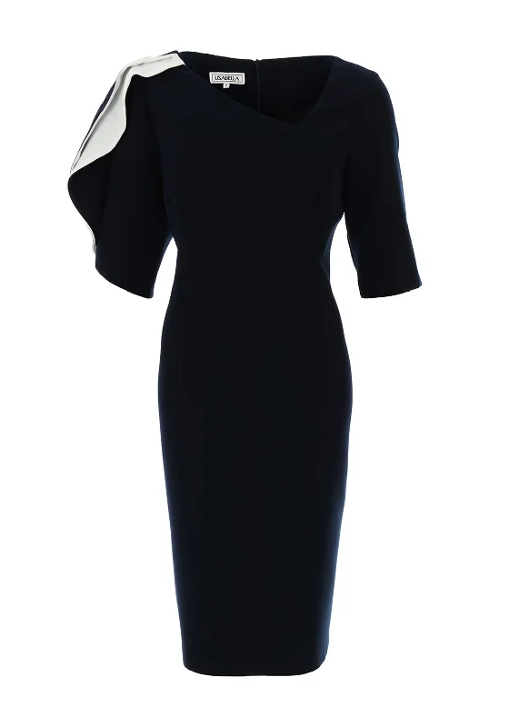 Lizabella Contrast Pleat Shoulder Midi Dress, Navy & White Stylish Off-Shoulder Ruffle Dress Lizabella Contrast Pleat Shoulder Midi Dress, Navy & White Stylish Off-Shoulder Ruffle Dress