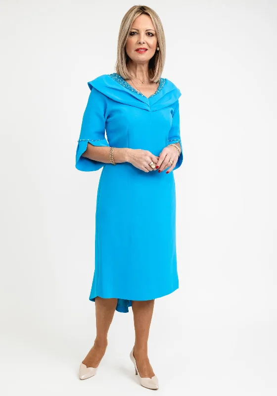 Lizabella Embellished Neckline Midi Dress, Ocean Blue Fashionable High-Low Midi Dress Lizabella Embellished Neckline Midi Dress, Ocean Blue Fashionable High-Low Midi Dress