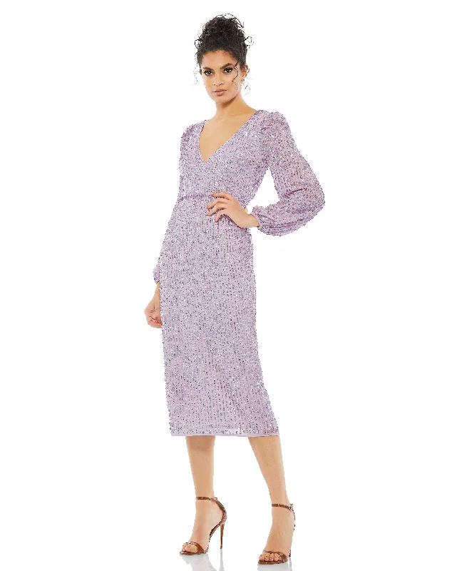 Mac Duggal 107641 Cocktail Long Sleeve Sequin Midi Dress Stylish Midi Dress with Cuffs Mac Duggal 107641 Cocktail Long Sleeve Sequin Midi Dress Stylish Midi Dress with Cuffs
