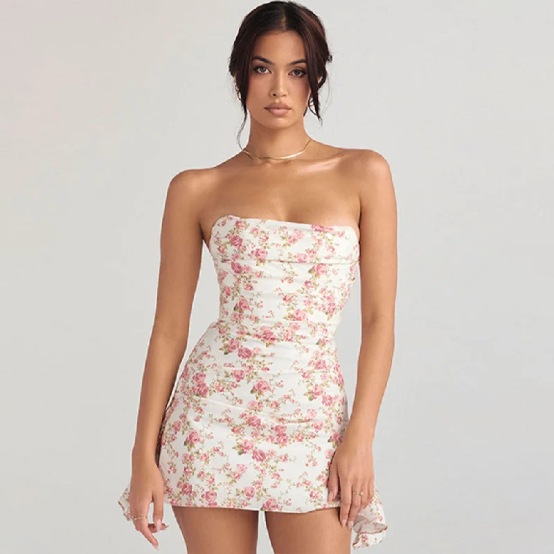 Glamorous Rose Printed Ruched Strapless Corset Mini Dress - Floral Trendy Cut-Out Mini Dress Glamorous Rose Printed Ruched Strapless Corset Mini Dress - Floral Trendy Cut-Out Mini Dress