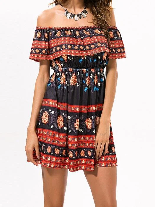 Off shoulder Tribal Floral Summer High Waist Beach Sexy Mini Dress Classic Solid Mini Dress