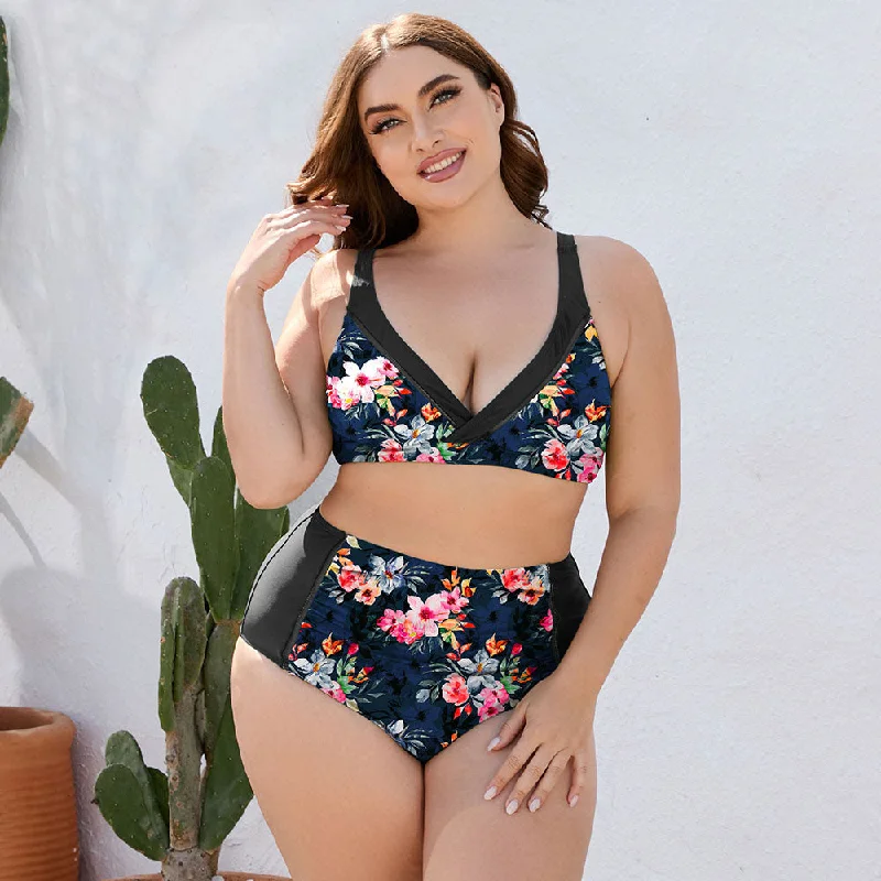 Plus Size Floral High Waist Two-Piece Swim Set Tropical Print Bikini