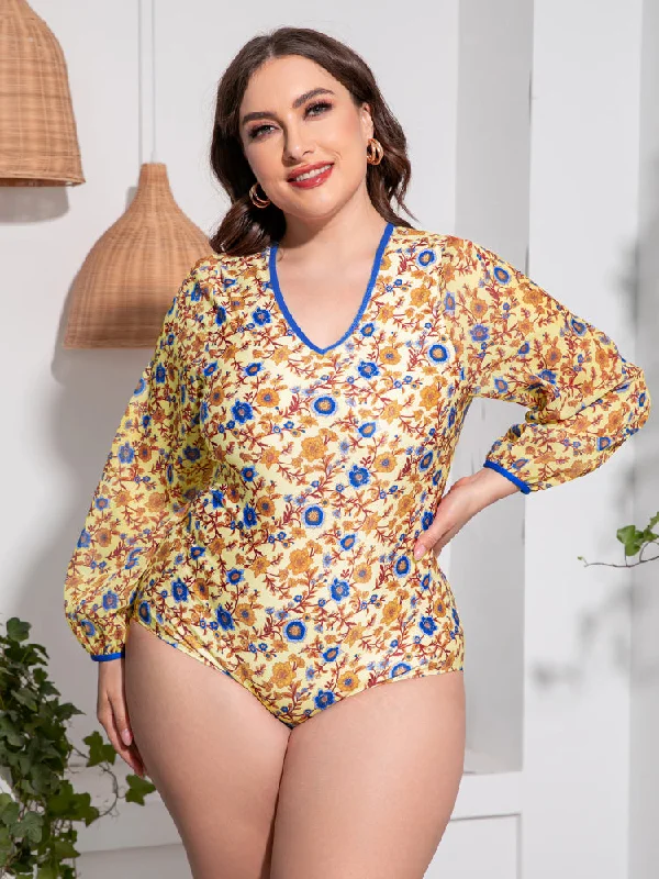 Plus Size Floral Open Back Long Sleeve One-Piece Swimsuit High-Cut One-Piece