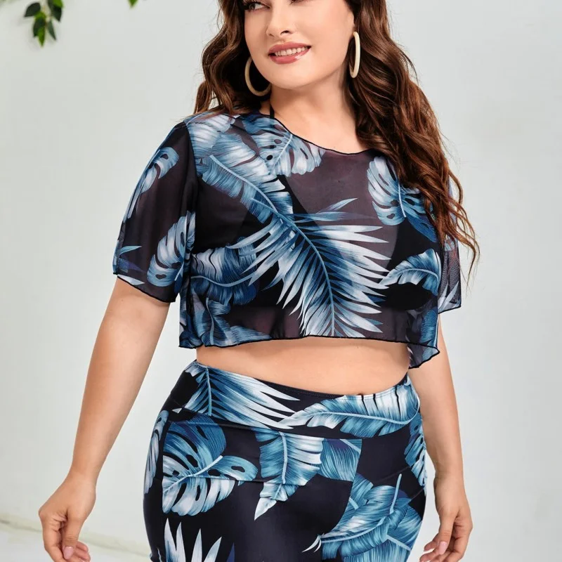 Plus Size Mesh Three-Piece Bikini Long-Sleeved Leaf Print Swimsuit Full Coverage Swimsuit