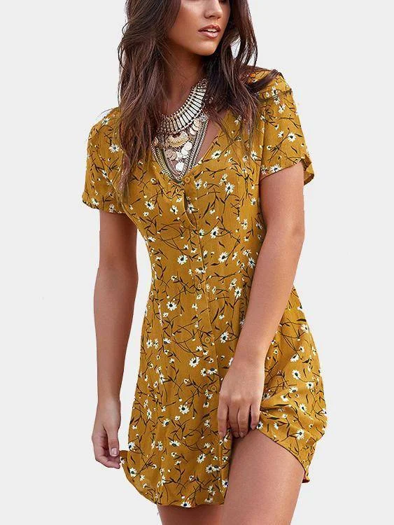 Random Floral Print Button Front Short Sleeves Mini Dress Stylish Button-Down Mini Dress