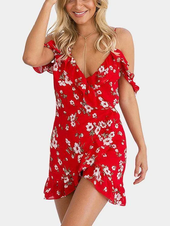 Red Floral Print V Neck Ruffle Cold Shoulder Mini Dress Trendy Denim Mini Dress