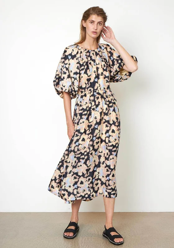 Second Female Ruth Volume Sleeve Midi Dress, Black Multi Cozy Midi Dress with Pockets Second Female Ruth Volume Sleeve Midi Dress, Black Multi Cozy Midi Dress with Pockets