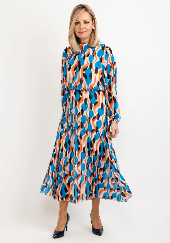 Seventy1 One Size Patterned Blouson Waist Midi Dress, Blue Orange Multi Comfortable Wrap Midi Dress