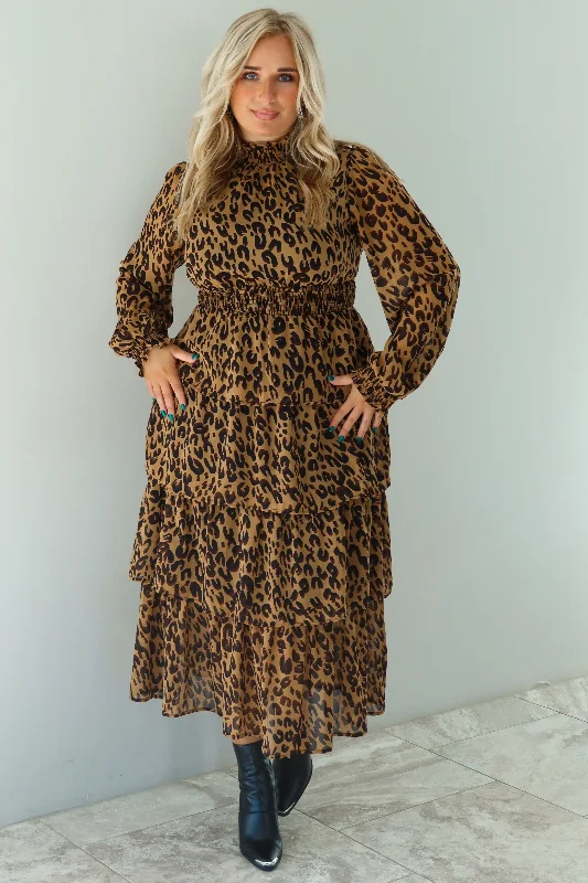 Stay Here Midi Dress: Leopard Elegant Floral Appliqué Midi Dress